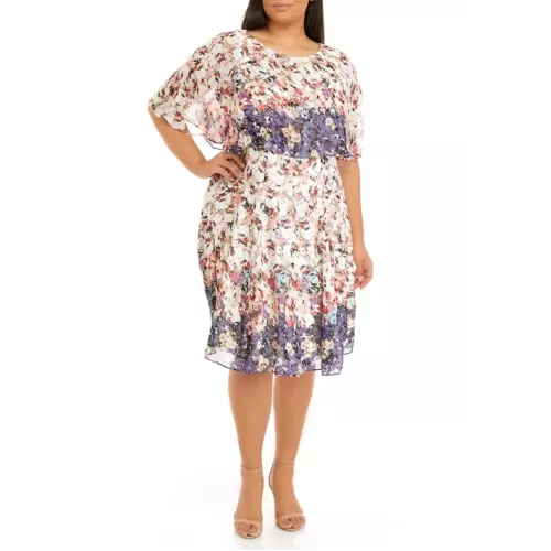 Robe ajustée et évasée à manches cape courtes et imprimé floral ombré grande taille Danny & Nicole