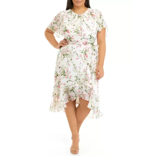 Robe mi-longue en mousseline de soie imprimée florale à manches courtes et grande taille J Howard