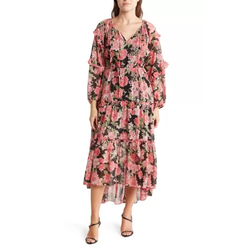 Robe étagée à imprimé floral, manches bouffantes, col noué sur le devant MELLODAY