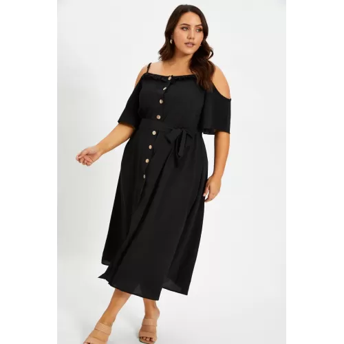 Robe noire boutonnée sur le devant à épaules dénudées Plus