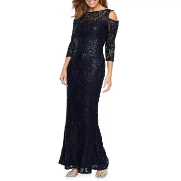 Robe de soirée à sequins et épaules dénudées, manches 3/4 Blu Sage